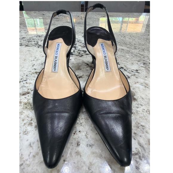Manolo Blahnik Black Leather Slingback Kitten Heel Pumps Size 37 US 6.5–7 Italy - Picture 7 of 14